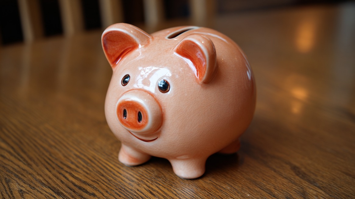 Roze kasica prase na drvenom stolu