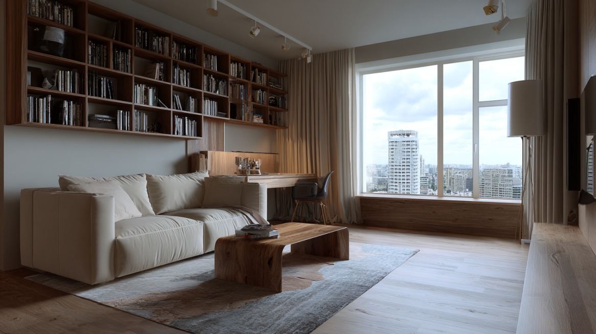 Moderan dnevni boravak sa policama po meri i velikim prozorom