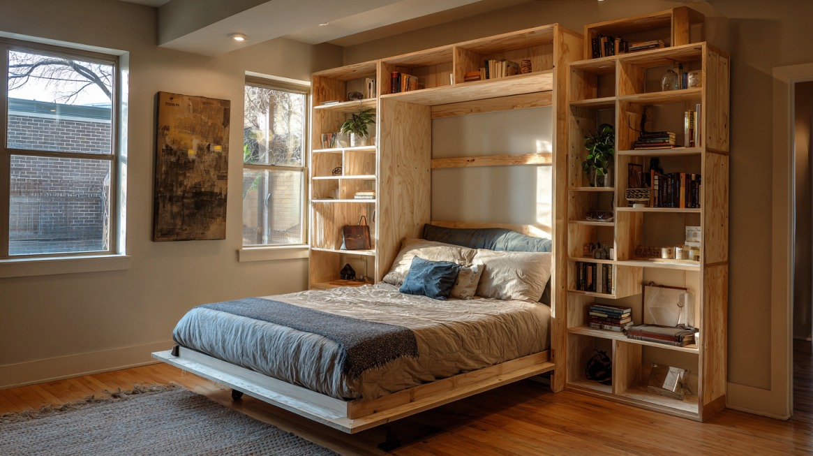 Krevet sa ugrađenim policama u maloj sobi