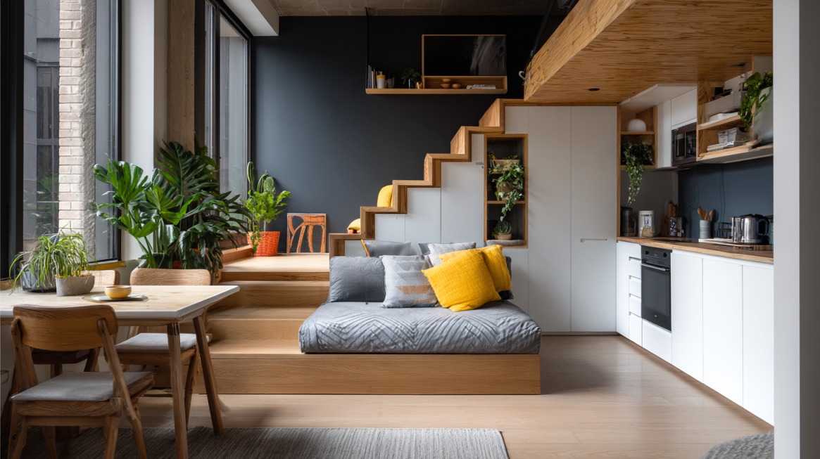 Moderan mali stan sa nameštajem po meri i stepenicama