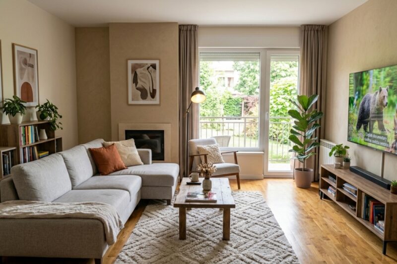 L-shaped ugaona garnitura siva, okrenuta prema zidu sa kaminom i slikama. Desno se nalaze staklena vrata za terasu, a levo TV na drvenoj komodi