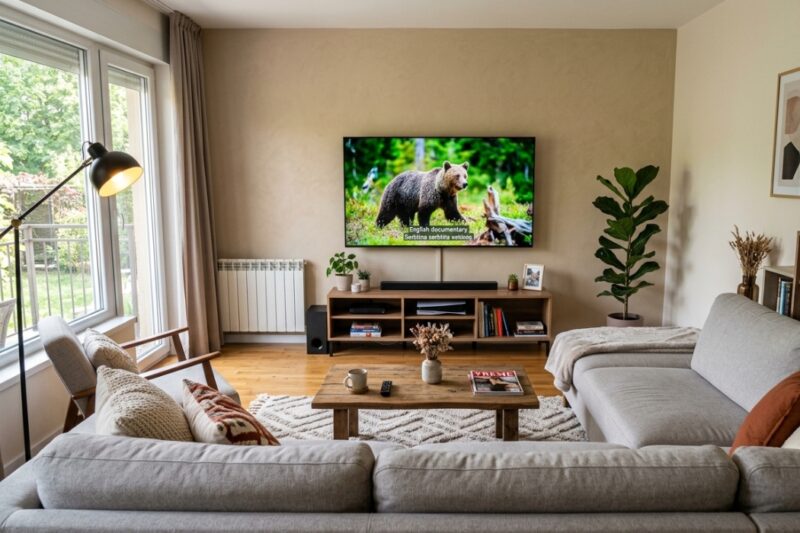 Ugaona garnitura svetlo sive boje postavljena je naspram zida na kojem je okačen televizor koji prikazuje dokumentarni film o medvedu. Između kauča i televizora nalazi se drveni stočić, a prostorija je osvetljena prirodnim svetlom sa prozora sa leve strane