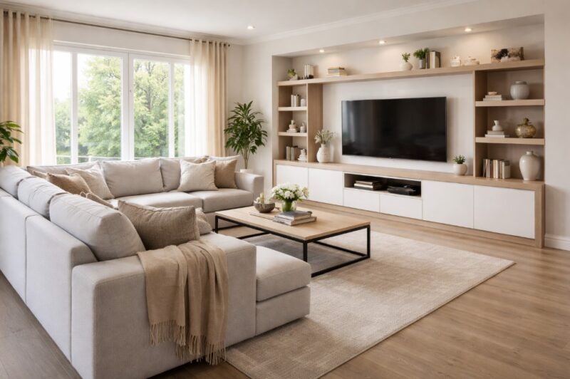 Moderan dnevni boravak sa ugaonom garniturom i TV policom