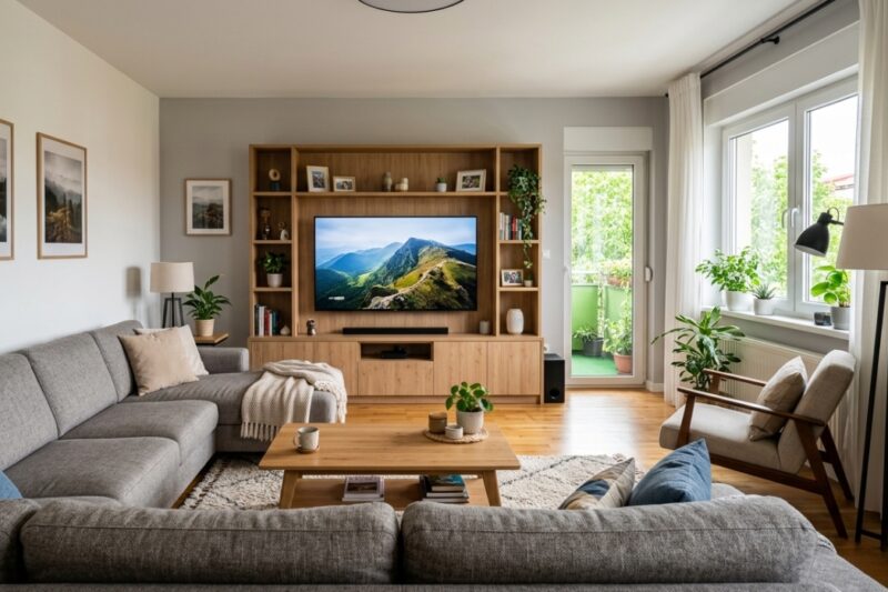 Široki ugao gledanja na svetao i moderan dnevni boravak. Velika siva ugaona garnitura dominira prednjim planom, okrenuta prema drvenom regalu sa ugrađenim televizorom koji prikazuje pejzaž planine. Između kauča i regala nalazi se drveni stočić za kafu na pletenom tepihu. Desno je visoka podna lampa i fotelja pored velikog prozora koji gleda na zelenu terasu. Zidovi su sivi i beli, sa uramljenim slikama.