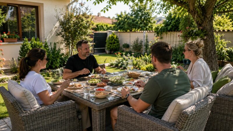 Porodica i prijatelji sede na baštenskoj garnituri u uređenom dvorištu tokom podnevnog ručka na otvorenom